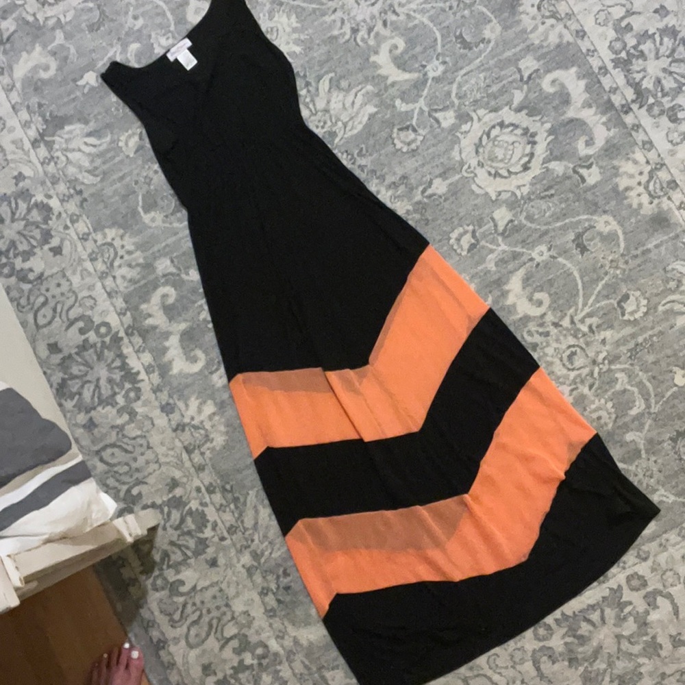 Lightweight black and orange chevron tank dress